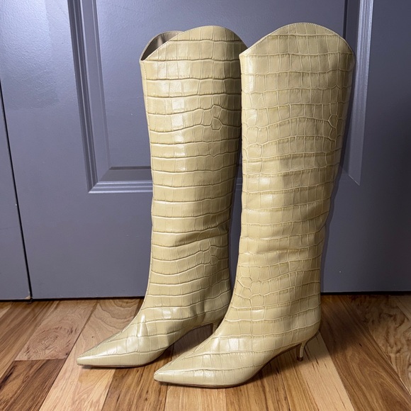 SCHUTZ Shoes - Schutz Maryana Knee High Boots Croc Embossed Cream Almond Heel Pointed Toe